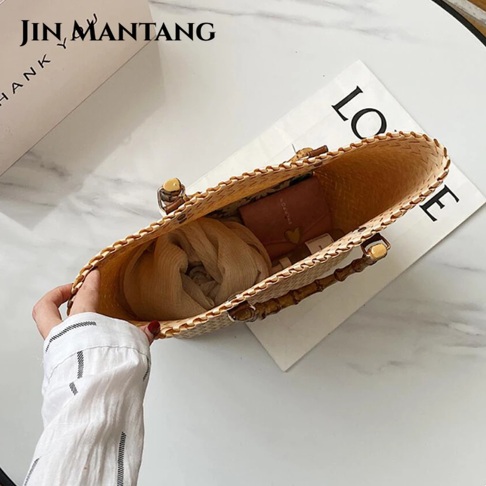 Women Casual Handbag Handmade Woven Beach Straw Rattan Top Handle Bags Shoulder Bag Female Bohemia Travel Shopping Tote Bag