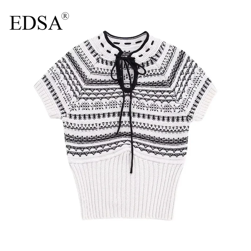 

EDSA Women Vintage Jacquard Knitted Cropped Blouse Short Sleeves Short Sweater Pullovers Top