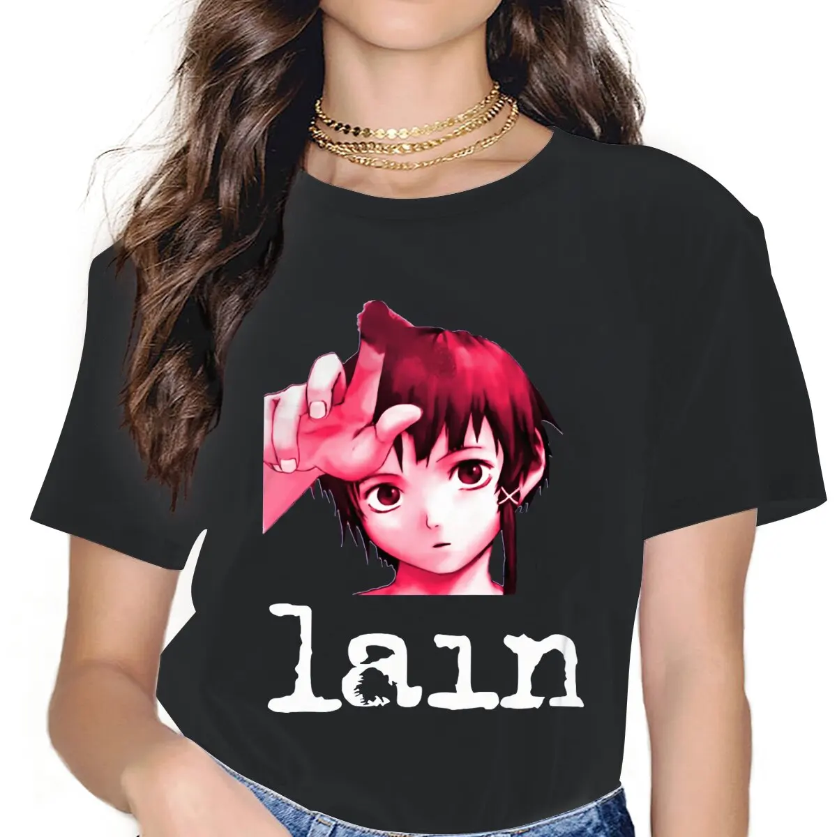 

Vintage Essential T-Shirts Women O Neck Pure Cotton T Shirts Serial Experiments Lain Anime Short Sleeve Tees Graphic Tops