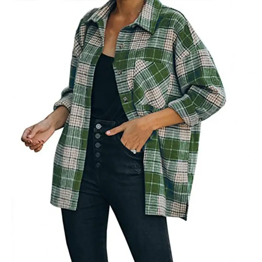 

Colorfast Pretty Plaid Print Turn-down Collar Lady Jacket Cardigan Autumn Coat Single-breasted Daily Clothes
