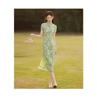 new female summer camellia cheongsam green girl retro temperament chinese style qipao dress