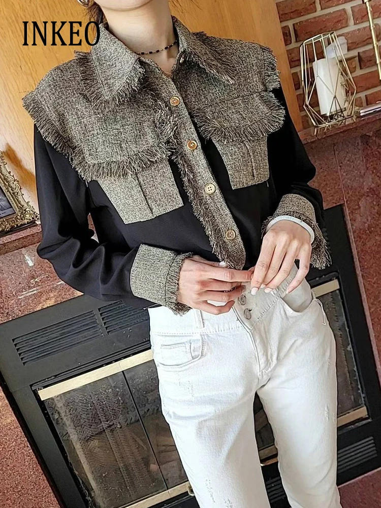 

Streetwear Women Patchwork Blouse Tassel Long sleeve shirt 2023 Spring summer Fashion contrast color top clothes INKEO 3T186