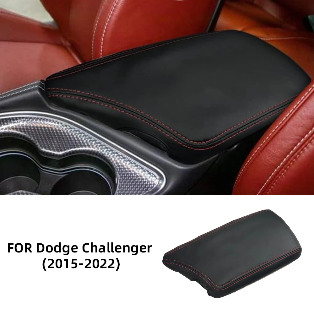 Фото Для Dodge Challenger 2015-2022: Накладка на подлокотник из черной кожи с красной и черной строчкой, защита центральной консоли, аксессуары для интерьера №2