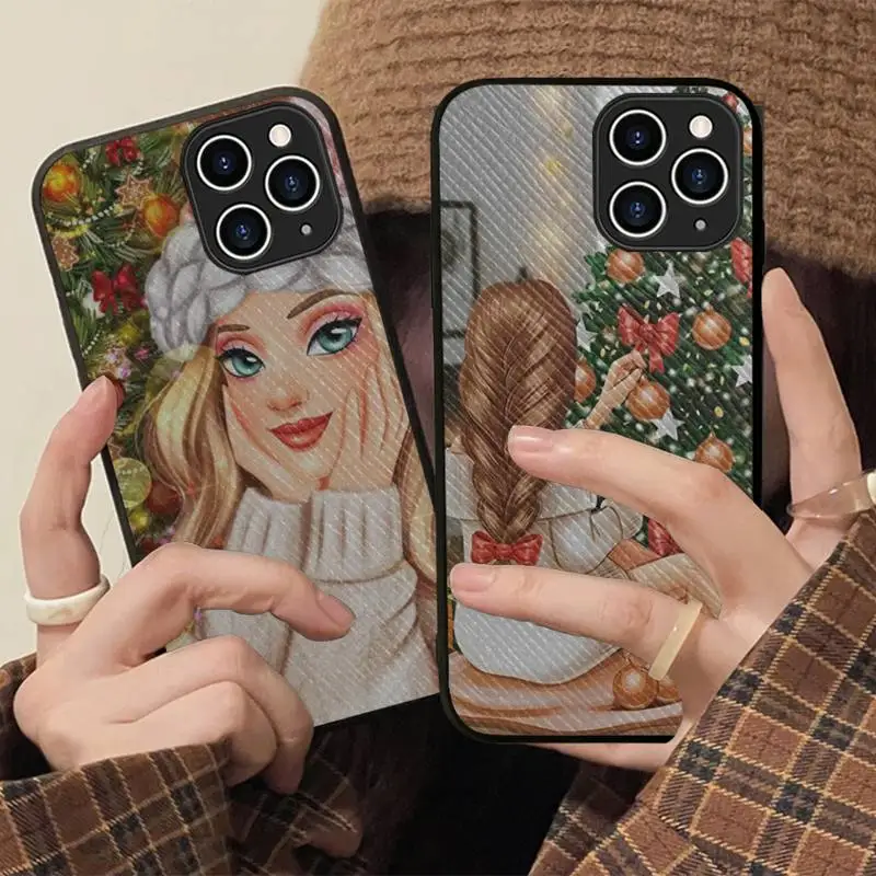 

Girl Merry Christmas Phone Case Hard Leather Case for iPhone 11 12 13 Mini Pro Max 8 7 Plus SE 2020 X XR XS Coque