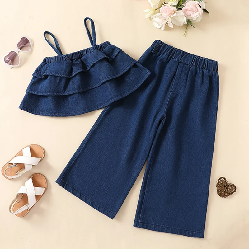 

3-8Y Kids Girls Ripped Jeans Outfits Strap Bowknot Ruffle Camisole Crop Tops Wide Leg Denim Pants Summer Children Clothing Set
