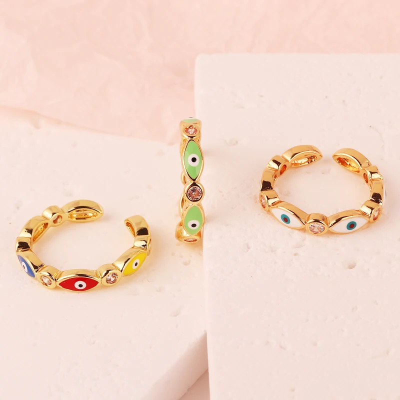 

Trendy Handmade Enamel Multi-Colors Stackable Band Ring Women Gold Plated Dripping Oil Colors Evil Eye Rainbow Ring Adjustable