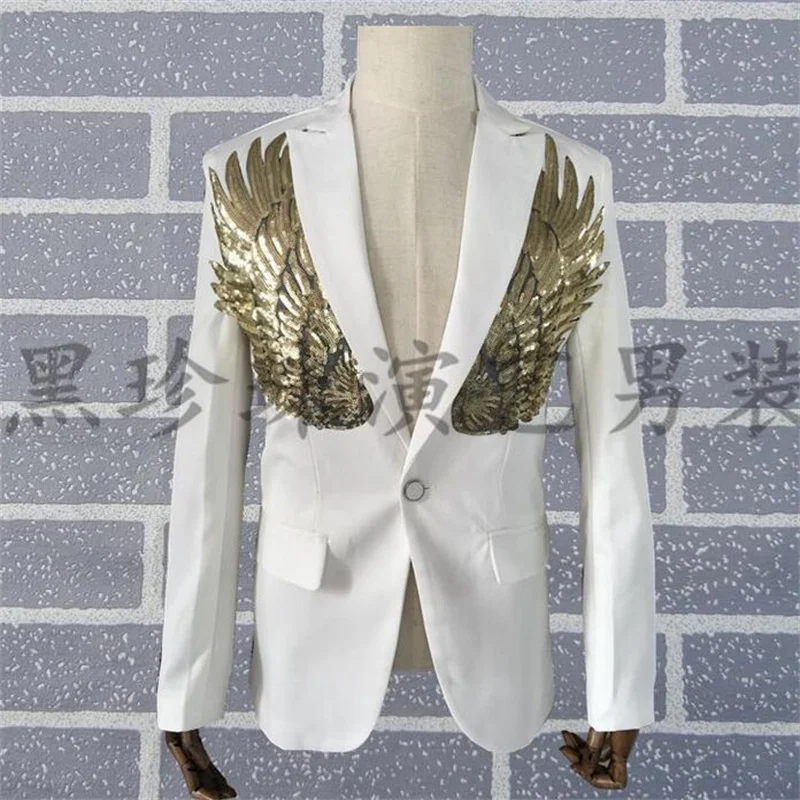 White paillette suit men personality men suits designs masculino homme terno stage costumes for singers men sequin blazer dance