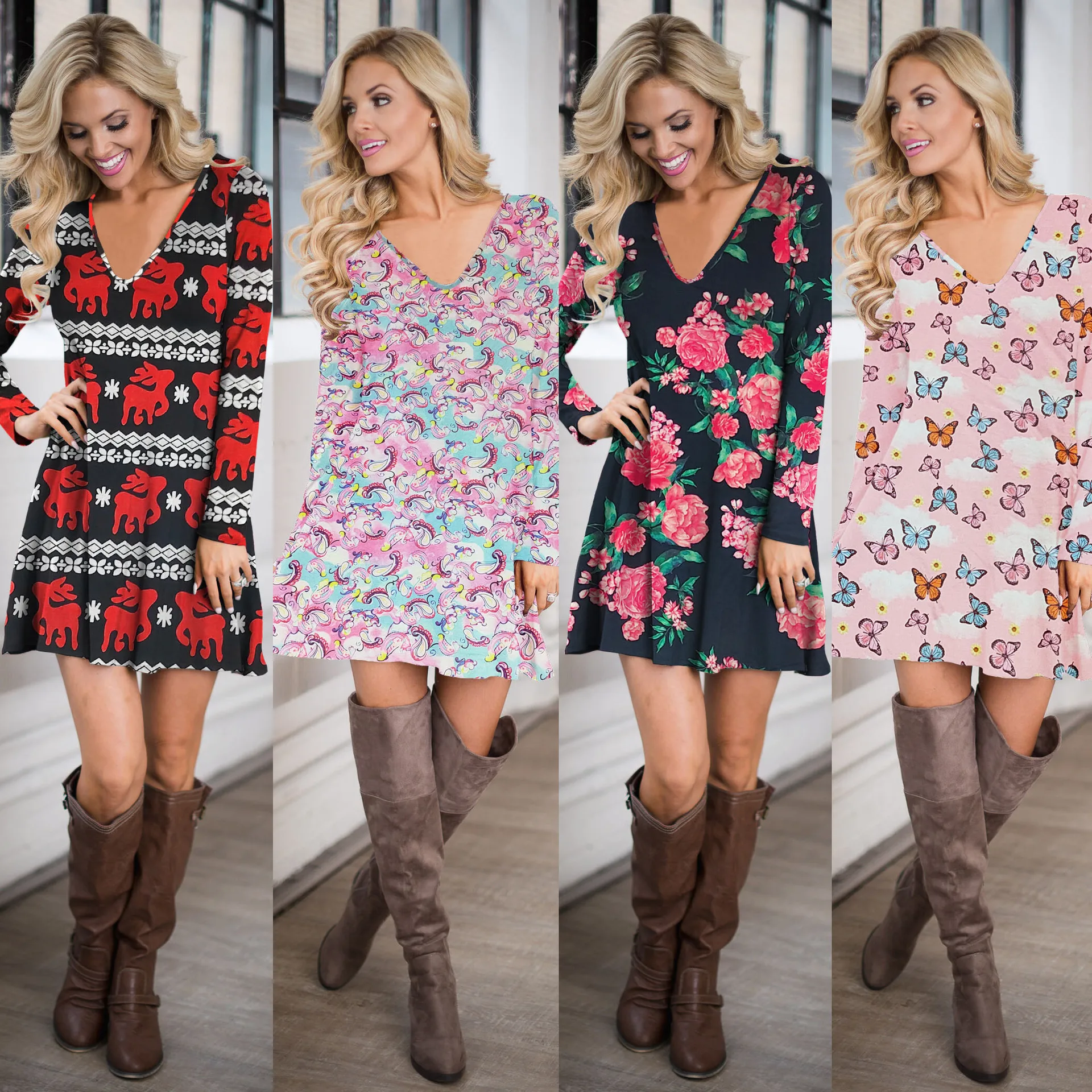 

Autumn 4 Color Ladies Dress Women's Clothing Deep V Print A-line Skirt Christmas Casual Pullover Mid Waist Dress for Women