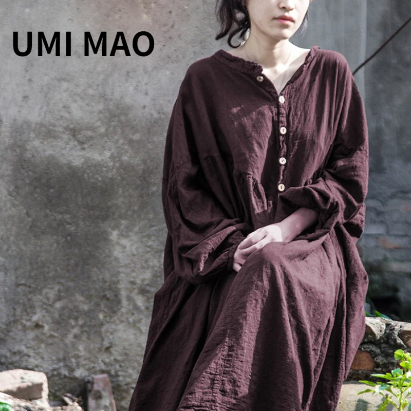 

UMI MAO Chinese Style Yamamoto Autumn Winter Mountain Design Lantern Sleeve Super Loose Cotton Dress Elegant Femme Y2K