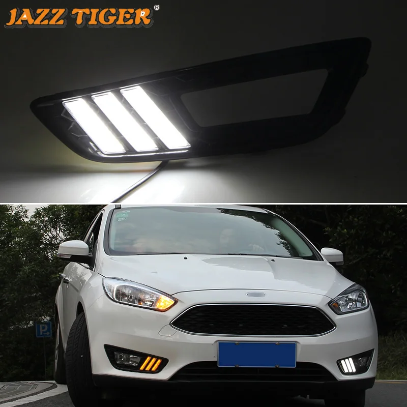 LED DRL Day Light For Ford Focus 2015 2016 2017 2018 Turn Yellow Signal  Daylights Auto Daytime Running Lamp