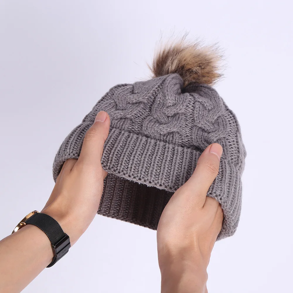 

Thick Warm Winter Knitted Hat Baby Boy Girl Twist Beanies Hat Elastic Soft Wool With Artificial Ball Outdoor Ski Beanie Caps