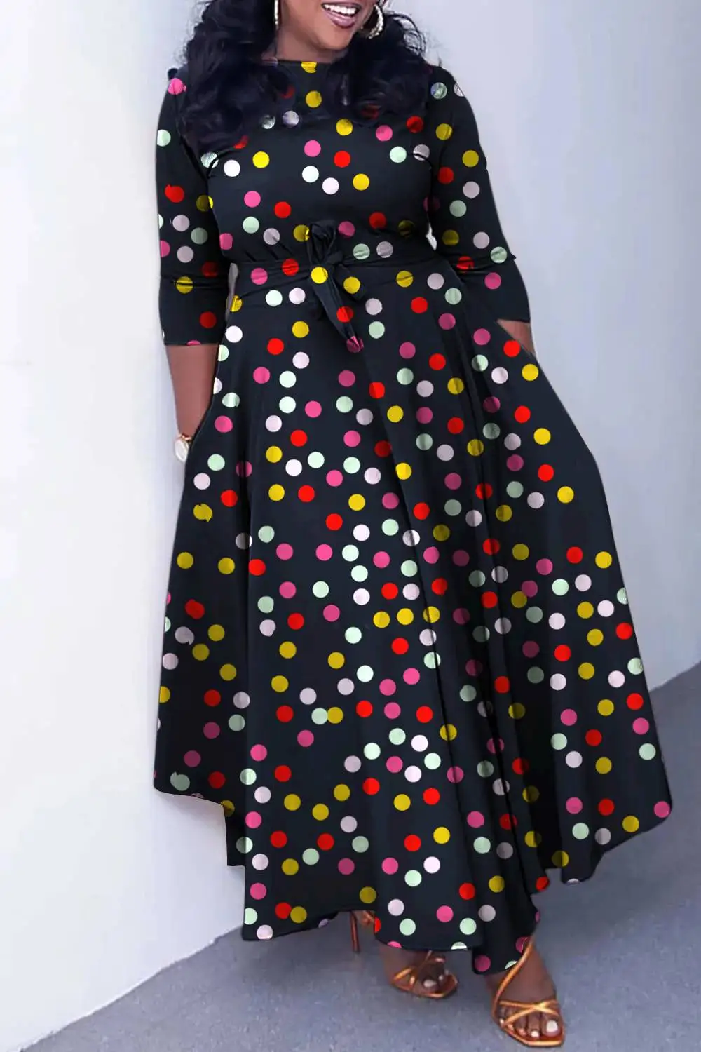 Женское Повседневное платье макси в синюю полоску с косым воротником и карманами