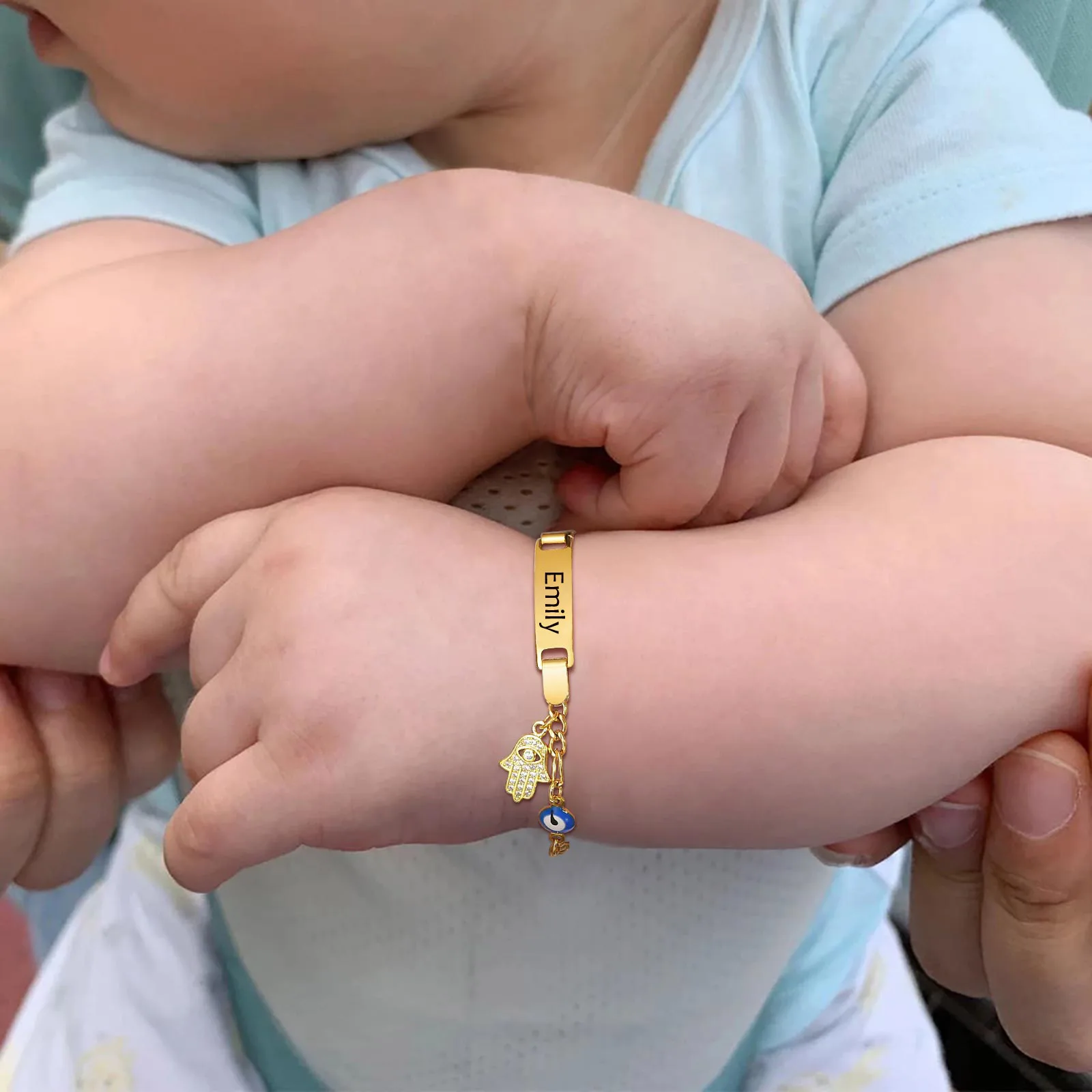 Hamsa Evil Eye Chain Bracelet for Baby, Engrave Customized Name Bracelet, Hand of Fatima Lucky Jewellery