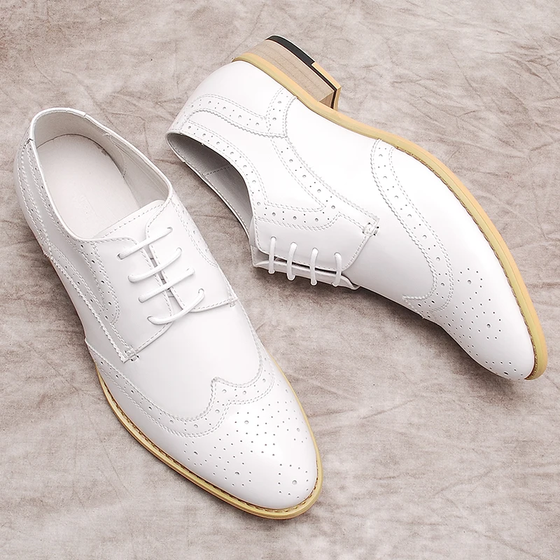 

White Men's oxford Shoes Genuine Cow Leather Luxury Casual Dress Men Shoes Fashion Italian Lace Up Wedding Formal Brogue Shoes