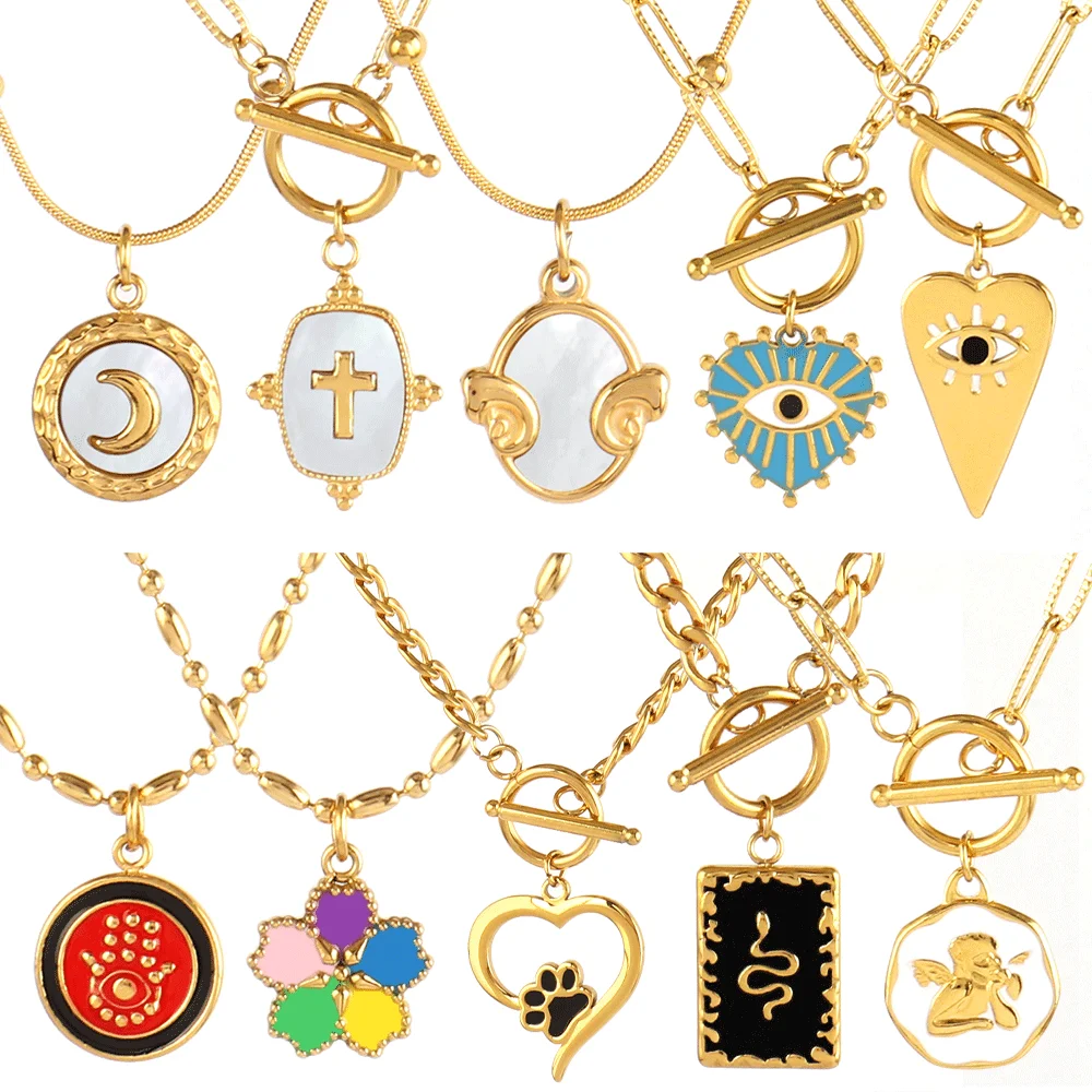 

Boho Stainless Steel Necklace For Women Geometric Eye Shape Colorful Enamel Pendant Necklace Heart Cross Necklace Female Jewelry