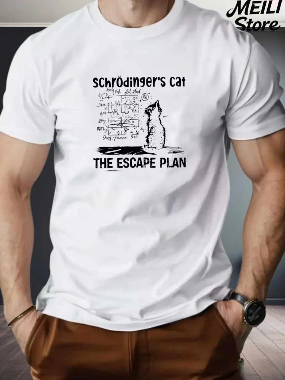 Фото Schrodinger Cat Design Мужская футболка Летняя повседневная забавная свободная модная футболка с 3D принтом большого размера для любителей науки Повседневная мужская одежда №3