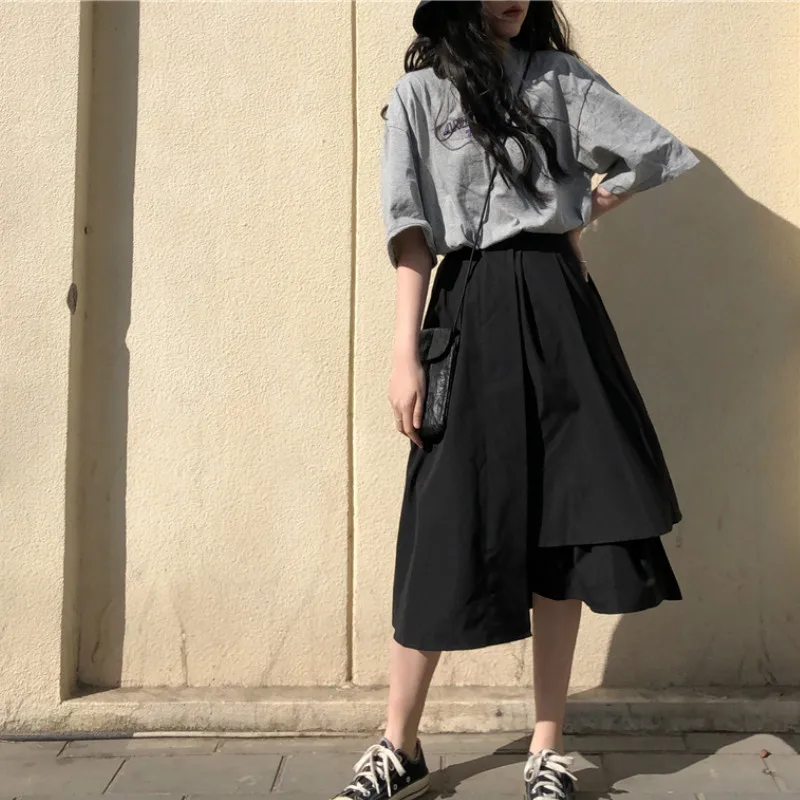 

Harajuku High Waist Korean Skirts 2021 Women Spring New Black Elegant Gothic Irregular Patchwork Female Streetwear Skirt Summer