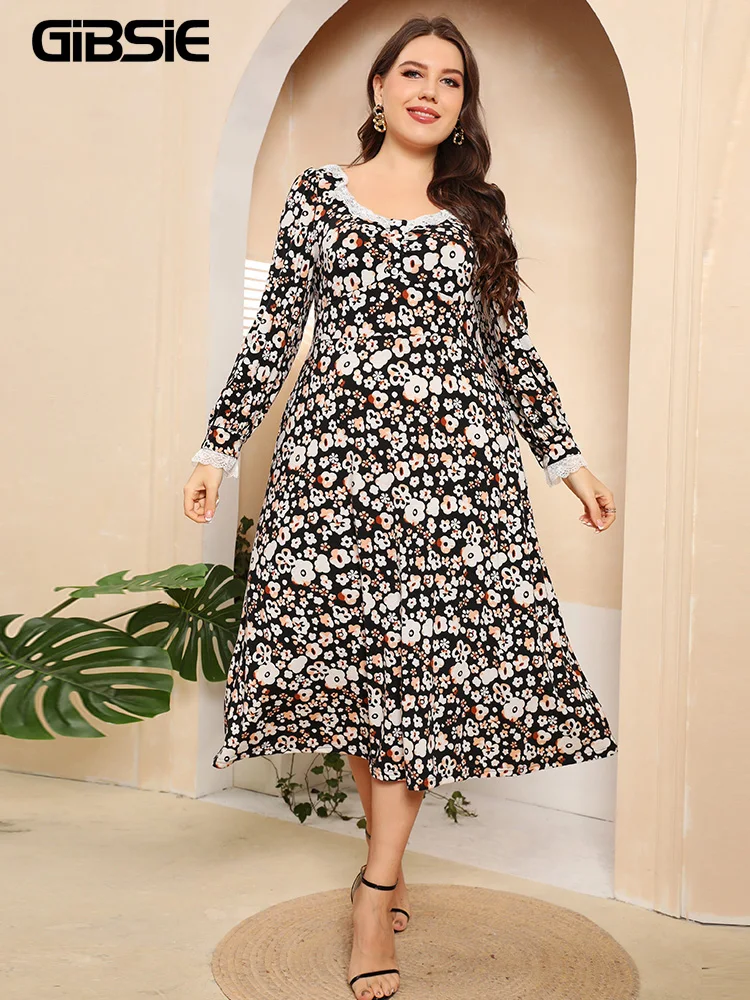 

GIBSIE Floral Print Contrast Lace V Neck Dress Plus Size xxxl 4xl Women Spring Fall Long Sleeve Sweet Boho A-line Dresses 2022