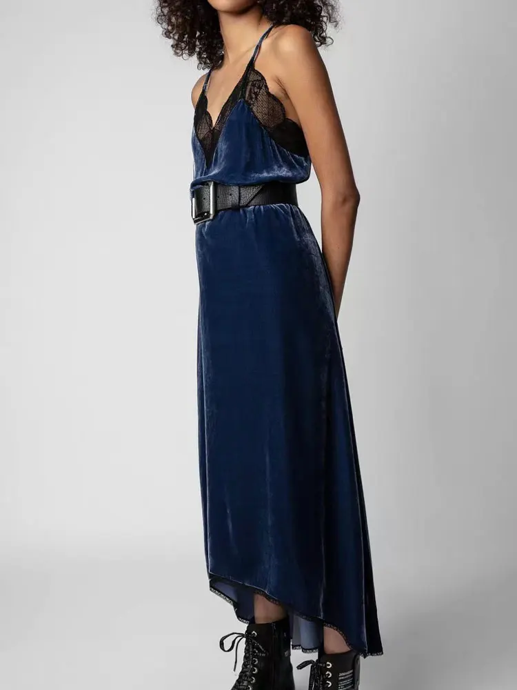 

2022 Romantic Neckline Lace Stitching Short Front and Back Long Silk Velvet Suspender Dress