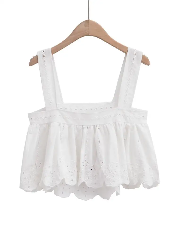 

ZXQJ 2023 Women Fashion Embroidered Linen Knit Tank Tops Sexy Straight Neck Wide Straps Female Camis Mujer