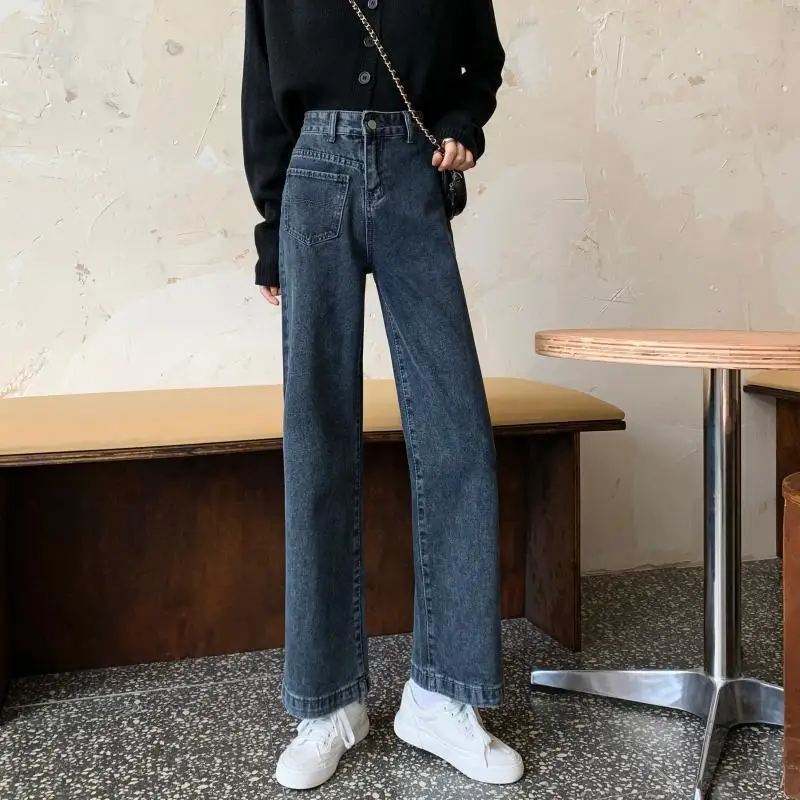 

Vintage jeans women's high-waisted trousers 2021autumn new Korean fashion retro preppy style straight loose wide-leg pants trend