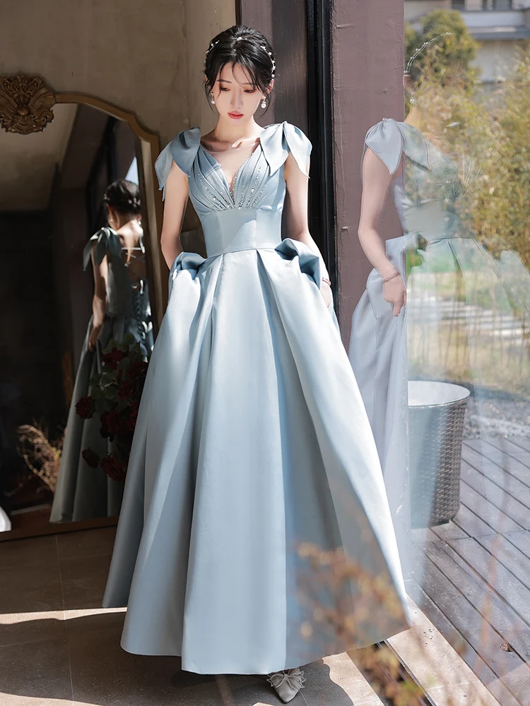 Наряды для вечеринки Sky Blue Satin Long Evening Gowns Sexy V-Neck Princess Ball Floor-Length Backless Women Formal Dresses For Wedding Party.
