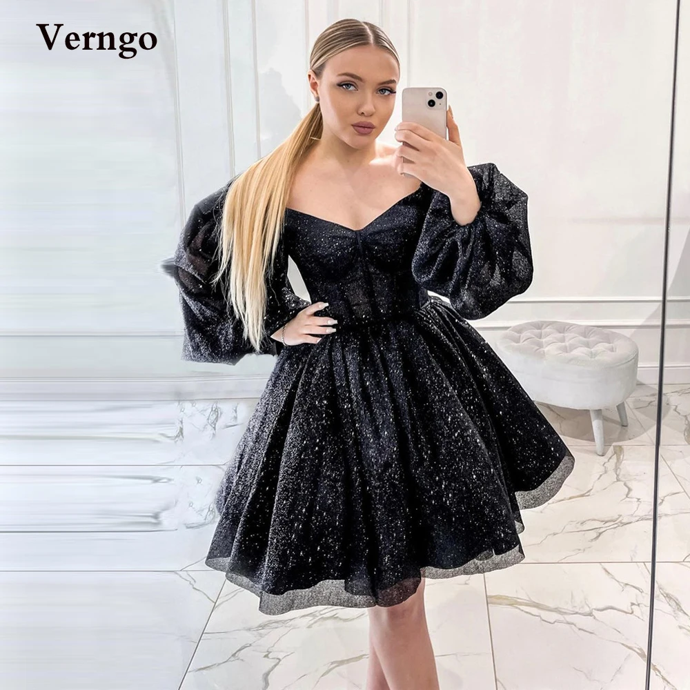 

Verngo Glitter Black Short Prom Dresses Puff Long Sleeves Sweetheart 16 Sweet Girls Cocktail Party Dress Sparkly Robe de soiree