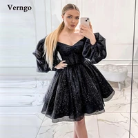 verngo glitter black short prom dresses puff long sleeves sweetheart 16 sweet girls cocktail party dress sparkly robe de soiree