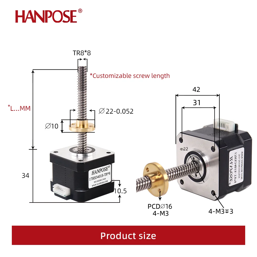 HANPOSE 17HS3401S-T8*8 300 мм винтовой стержень линейный шаговый двигатель Nema17 1.3A 28N.CM
