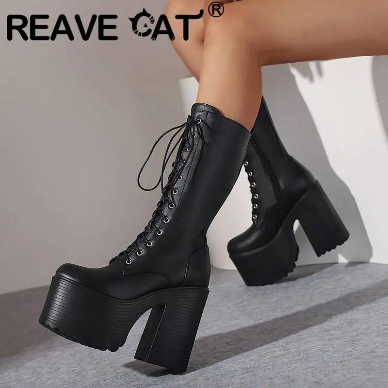 

REAVE CAT Ladies Mid Calf Boots 27cm Round Toe Platform Hill 8cm Chunky Heel 14cm Zipper Lace Up Belt Buckles Big Size 43 Punk