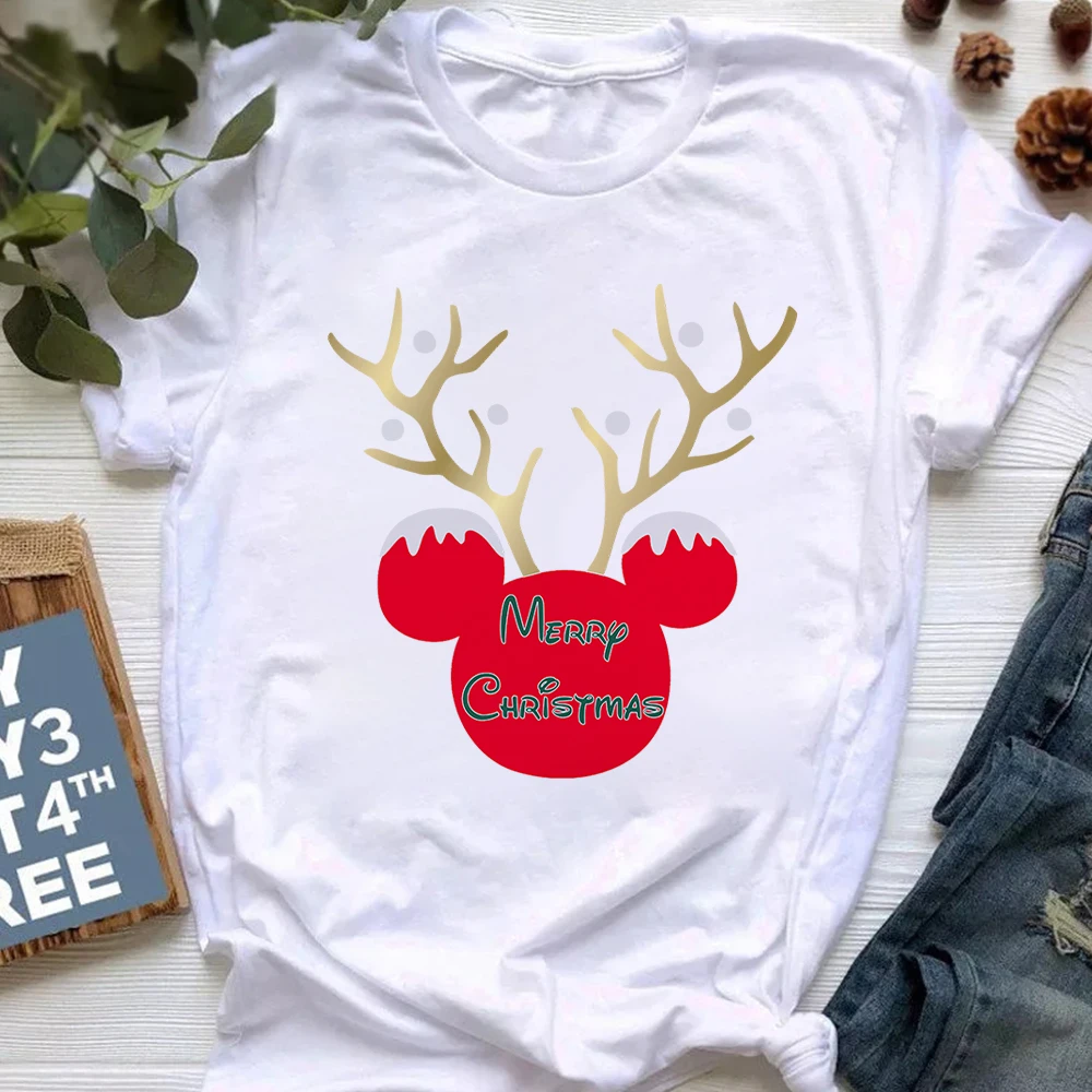 

Merry Christmas T-shirt Women Aesthetic Mickey Reindeer Print Short Sleeve Tops Tumblr Fashion Disney Xmas Clothes Festival Gift