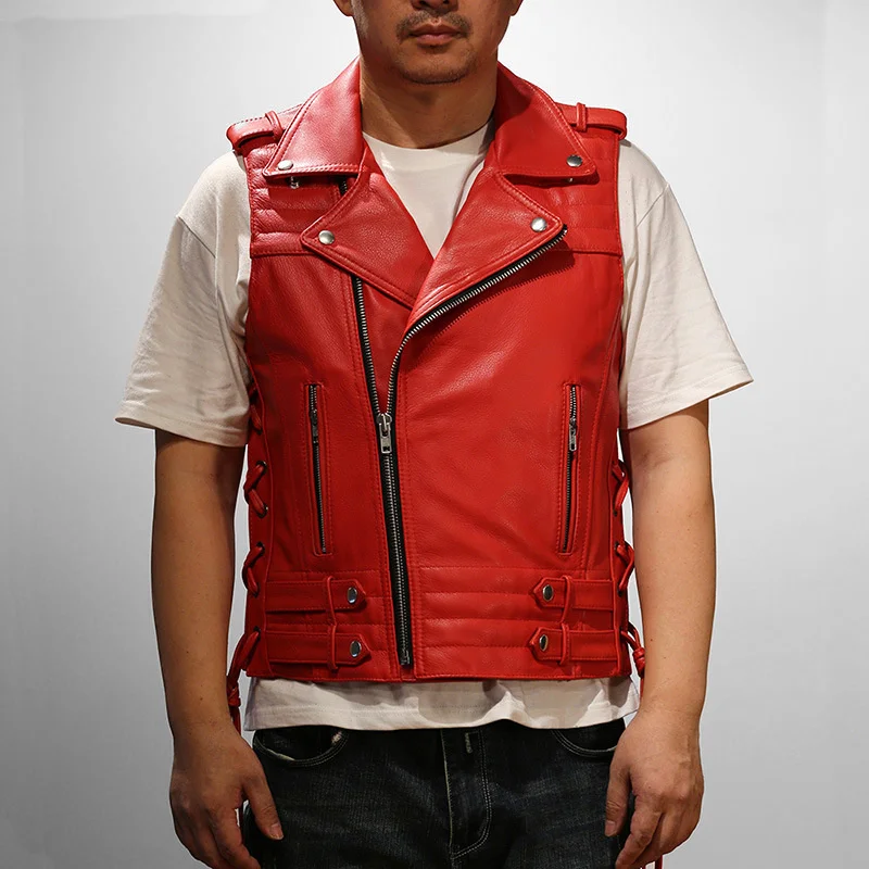 

BONJEAN Brand Men's Real Motorcycle Vest Genuine Cowhide Leather Sleeveless Jackets Red Punk Rock Zipper Waistcoat