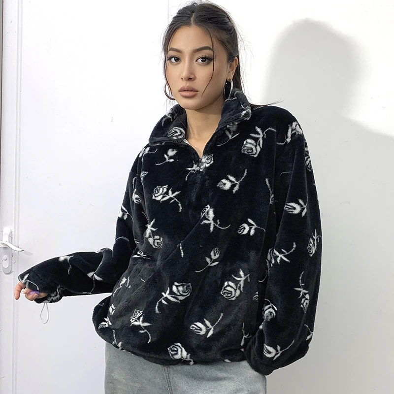 WeiYao 2022 Winter Fluffy Faux Fur Coats For Women Floral Print Zip Up Stand Collar Full Sleeve Oversized Pullover Sweatshirts