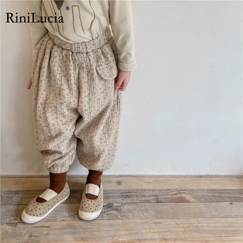 

RiniLucia 2022 New Winter Baby Girls Floral Printed Harem Pants Korean Style Thicken Fleece Loose Toddlers Kids Warm Trousers