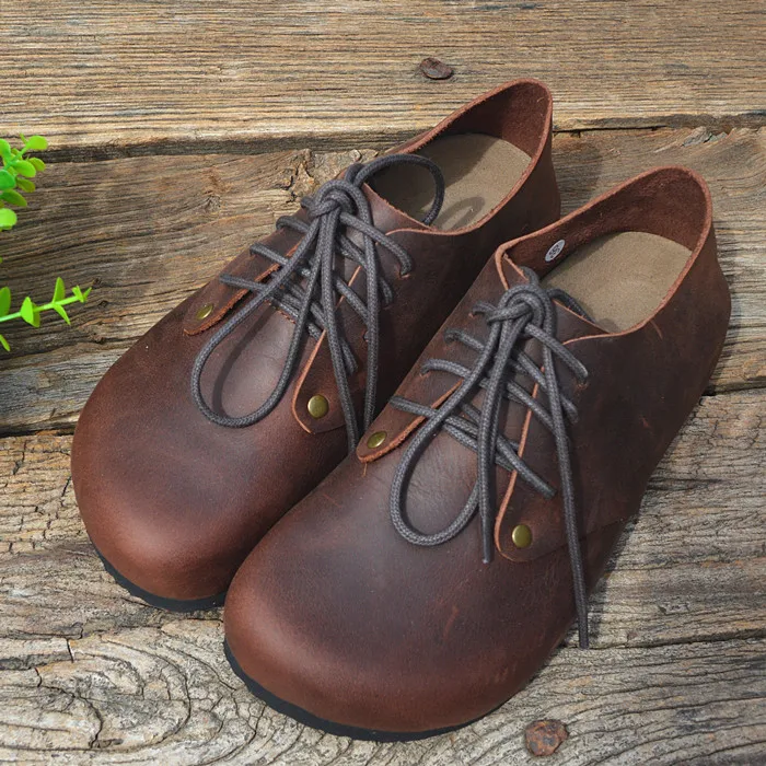 Careaymade-Genuine Leather women's single shoes cork low top shoes Crazy Horse Cowhide retro big head flat shoes big size 35-45