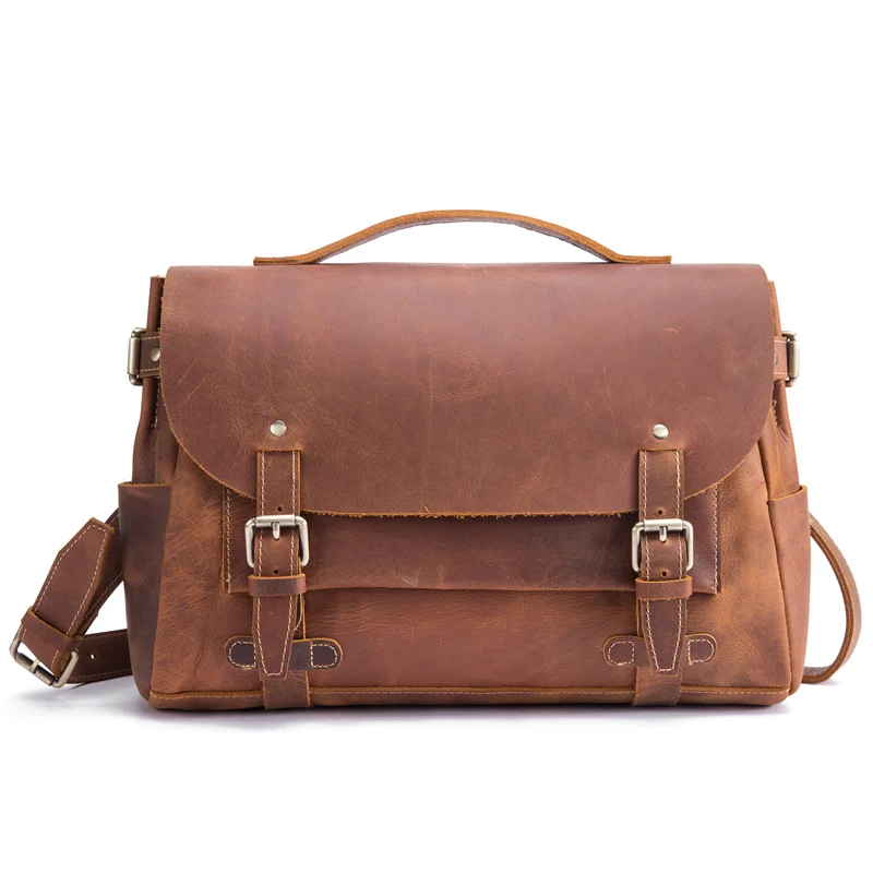 Document Mens Briefcase Holder Vintage Genuine Leather Ipad 13'' Laptop Case Handbags Business