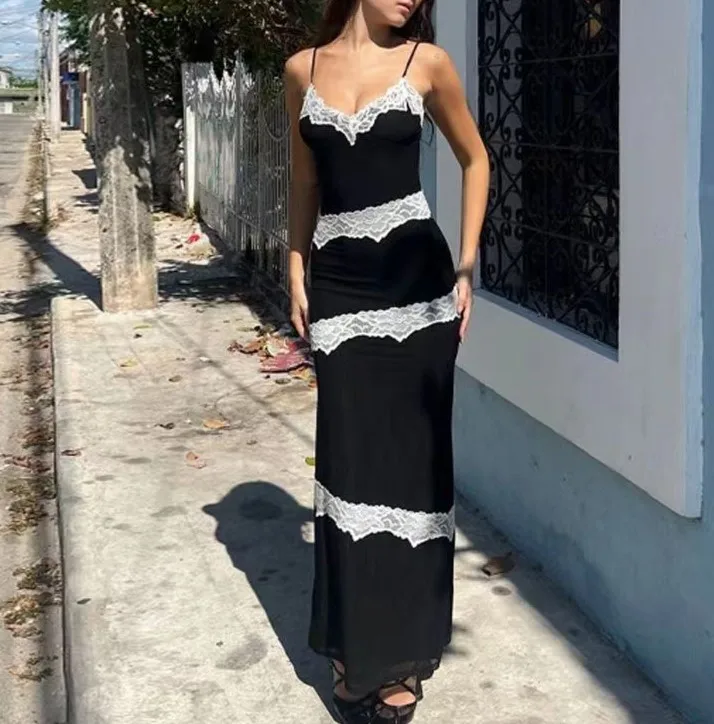 

Vestidos Women Sexy Black Lace Dress Backless 2023 Summer American Bodycon Sleeveless Tight Hip Evening Party Strappy Maxi Dress