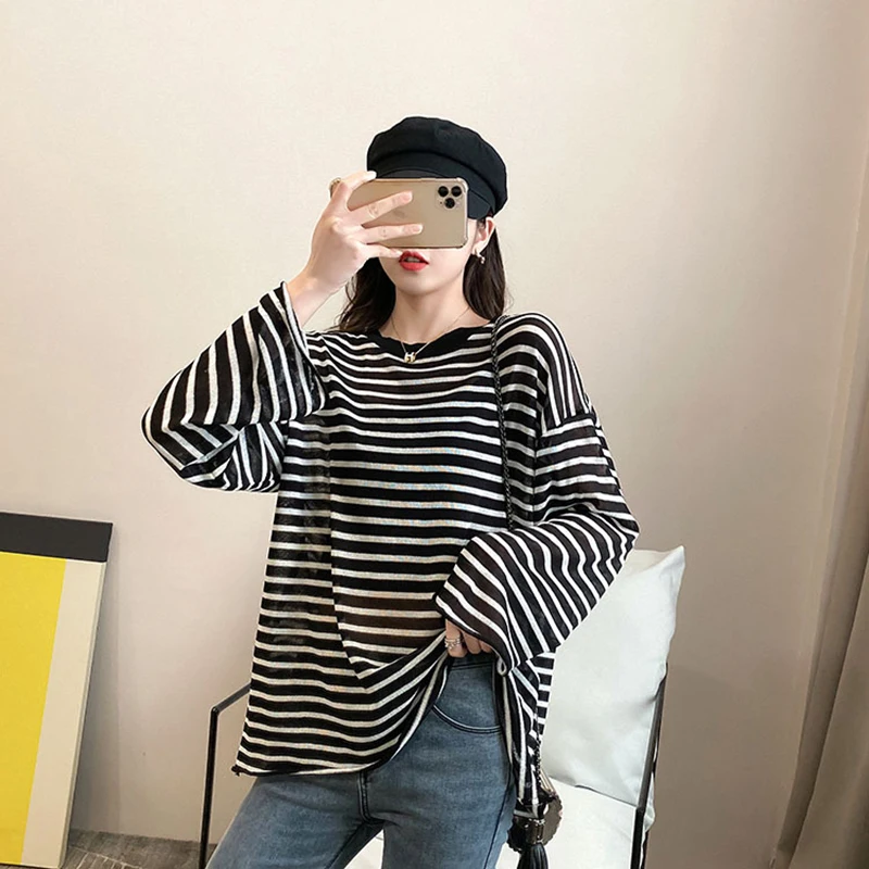 

Spell Color Striped T Shirts Women's Thin Summer Sun Protection Shirt Crew Neck Long Sleeve Fashion Casual Sweatshirt 2022 New