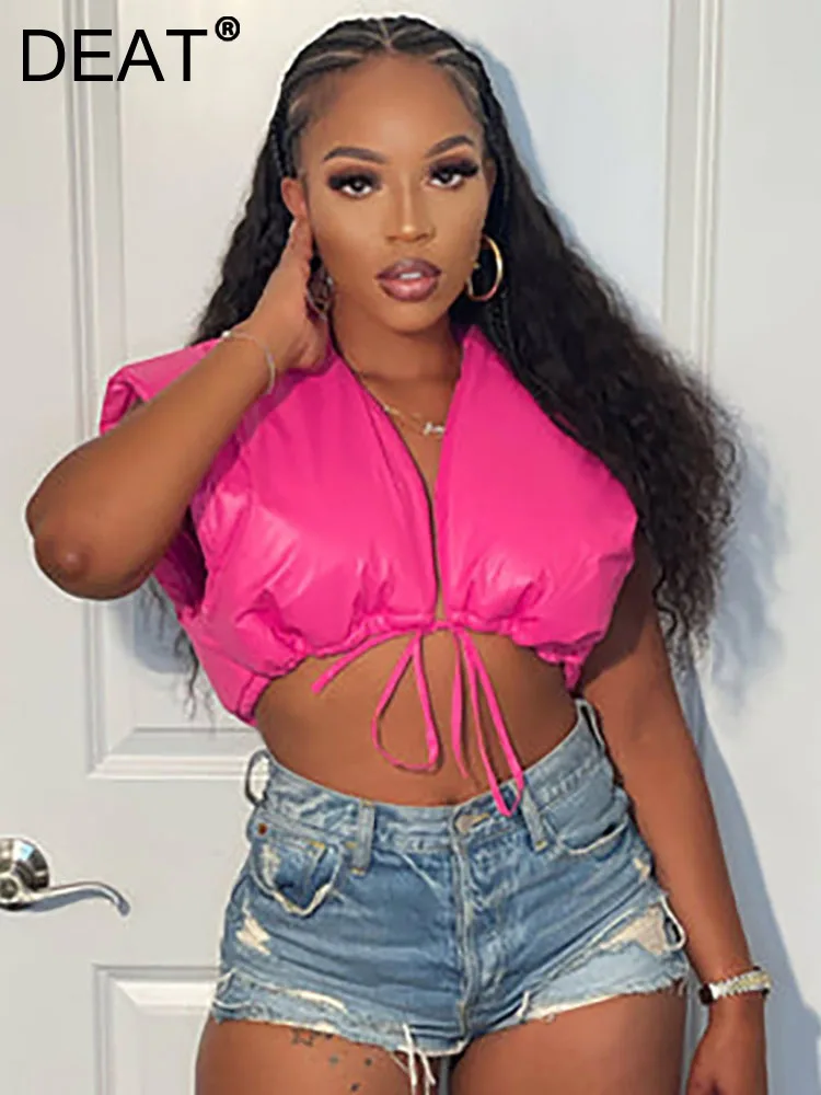 

Женский жилет на хлопковой подкладке DEAT, свободный короткий жилет с V-образным вырезом, без рукавов, на завязках, осень 2022