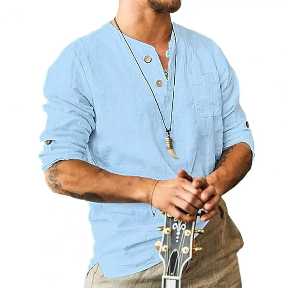 

Men Solid Color Long-sleeved Shirt Men's Solid Color Stand Collar Pullover Shirt with Half Placket Patch Pocket Stylish Spring