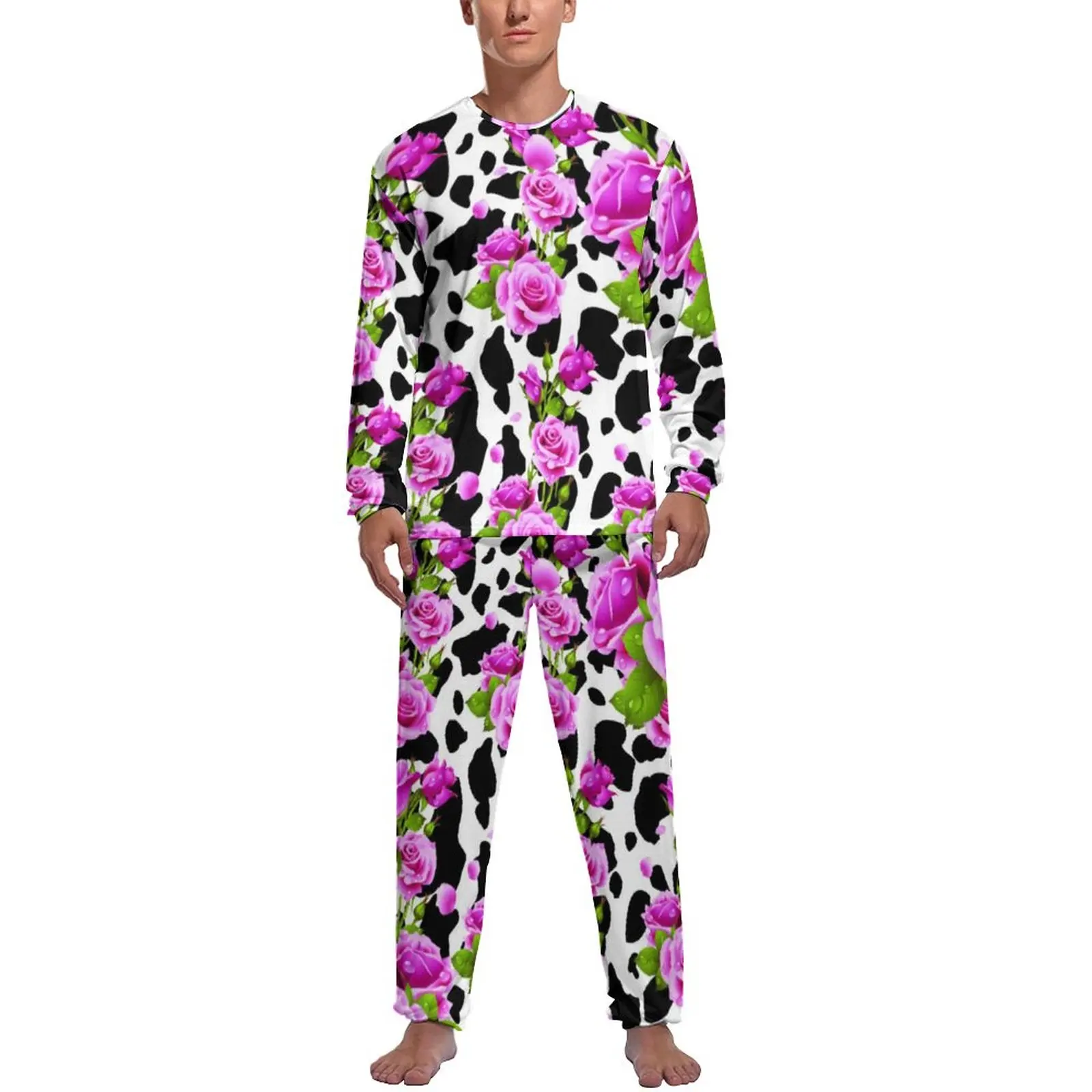 

Cow Print And Roses Placed Pajamas Spring Cow Spots Flower Sleep Home Suit Man 2 Piece Graphic Long Sleeves Soft Pajamas Set