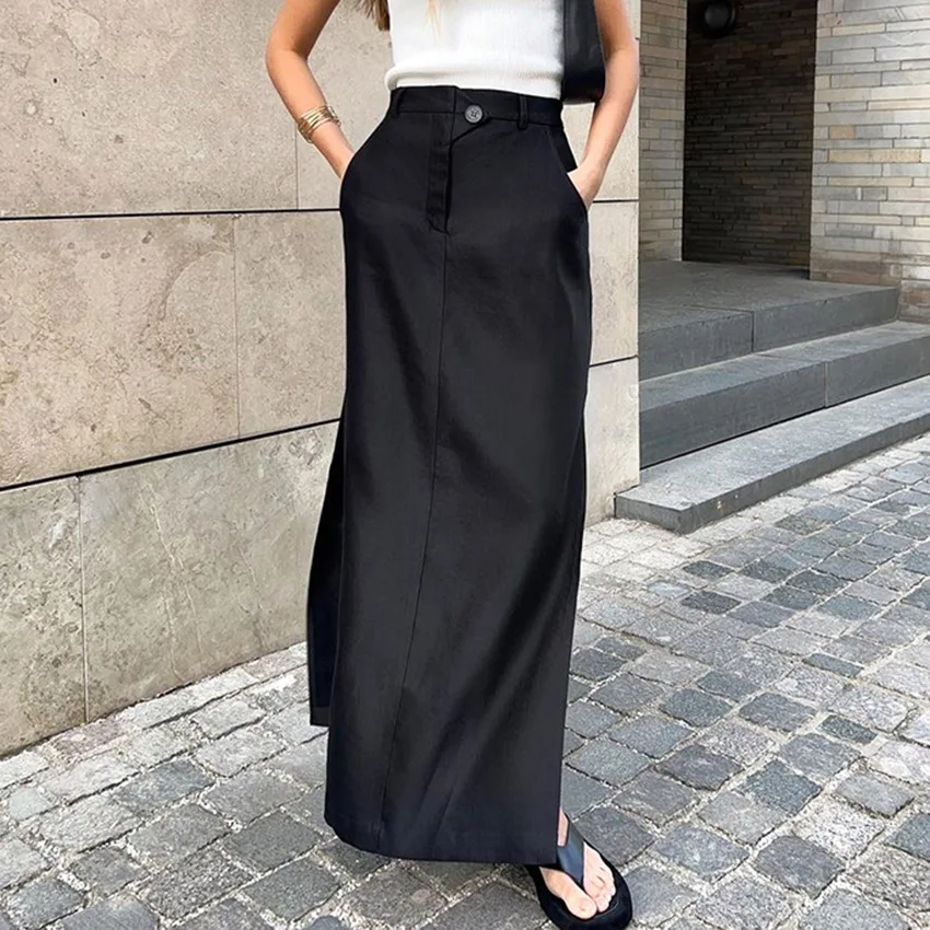 

Maxi Skirt Women Summer 2023 Vintage Side Split Women Long Harajuku Black Skirt Faldas Korean Style