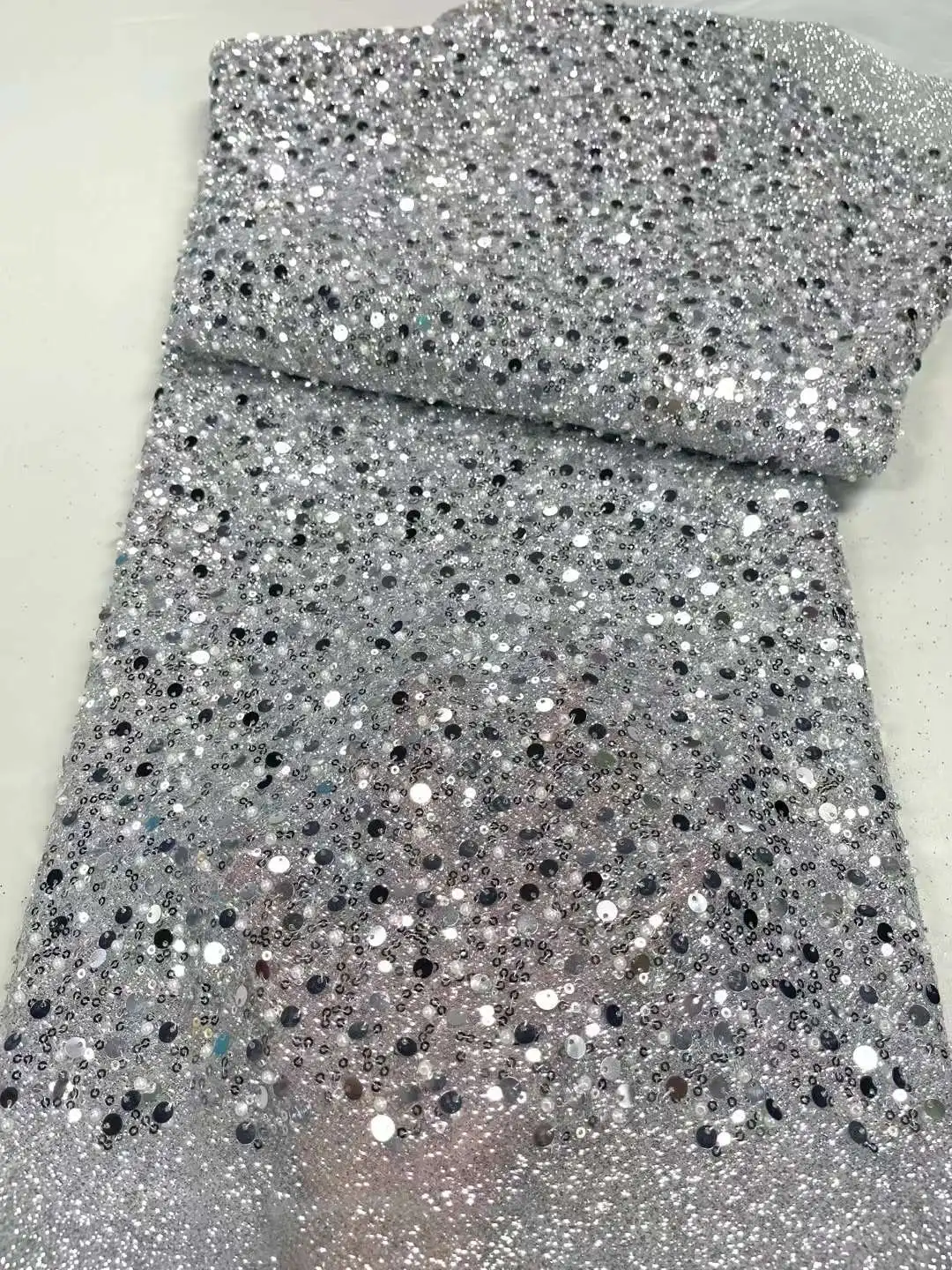 

African Nigerian Sequins Beads Lace Fabric 2022 High Quality Net Lace 5 Yards French Lace Fabric For Evening Wedding Party Dress