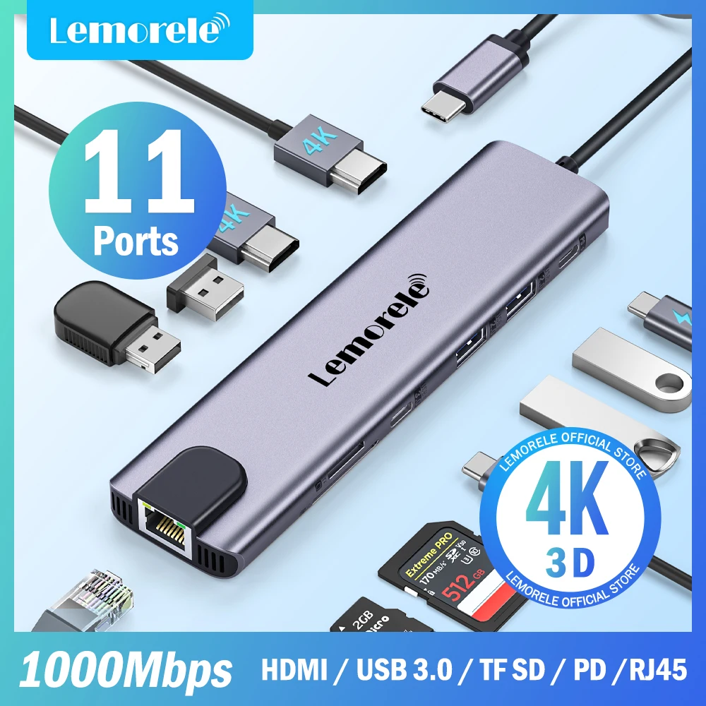 USB-концентратор Lemorele 11 в 1, 4K, HDMI, Type-C, 100 Вт, PD RJ45, 480 Мбит/с