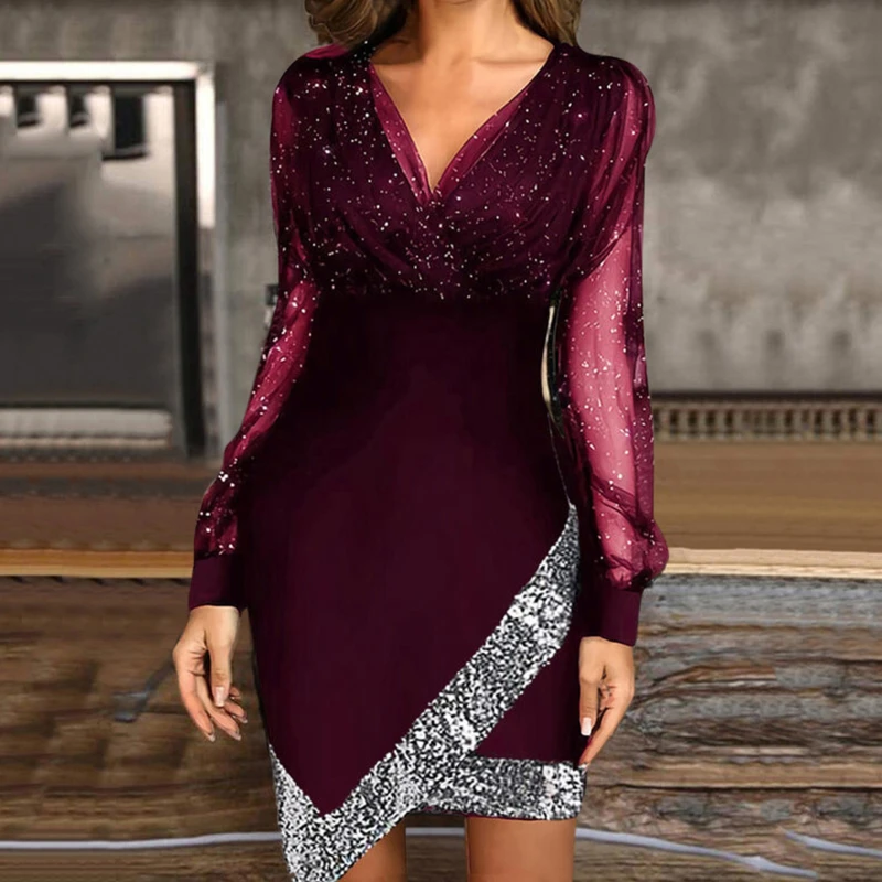 

Elegant Sheer Mesh Print Mini Dress Women 2022 Sexy Fashion V-neck Long Sleeve Dresses Office Lady Party Dress Spring Autumn