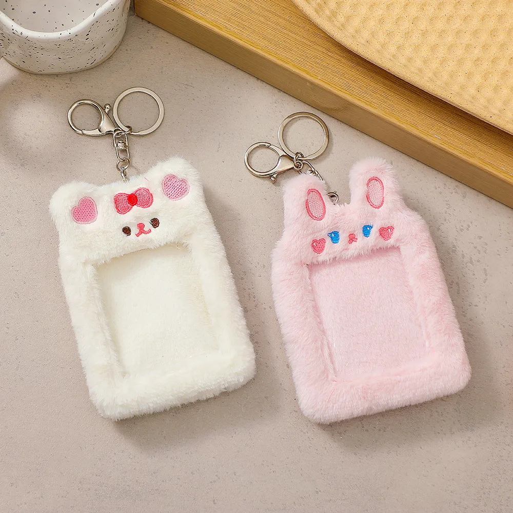 korea cute bear rabbit plush photocard holder kawaii kpop idol photo sleeve case id card cover with keychain bag pendant decor free global shipping