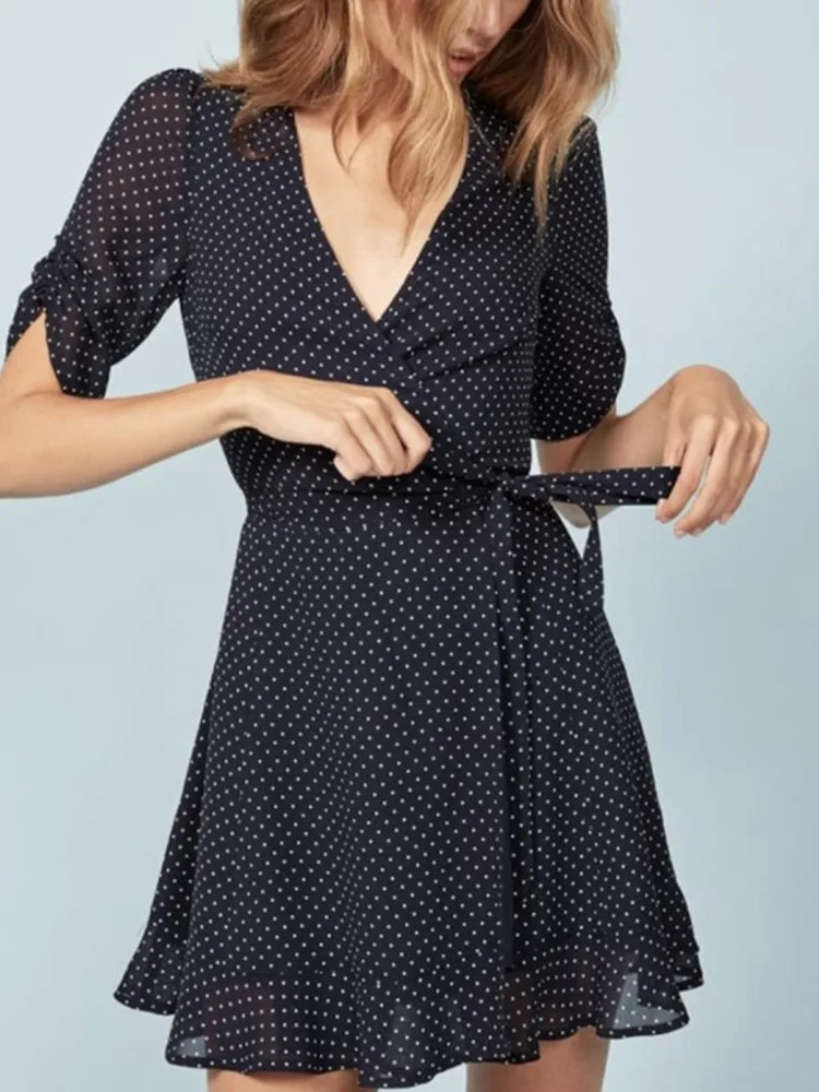 

Women Lace Up Polka Dot Printed V-Neck Short Puff Sleeve A-Line Sweet Mini Dress