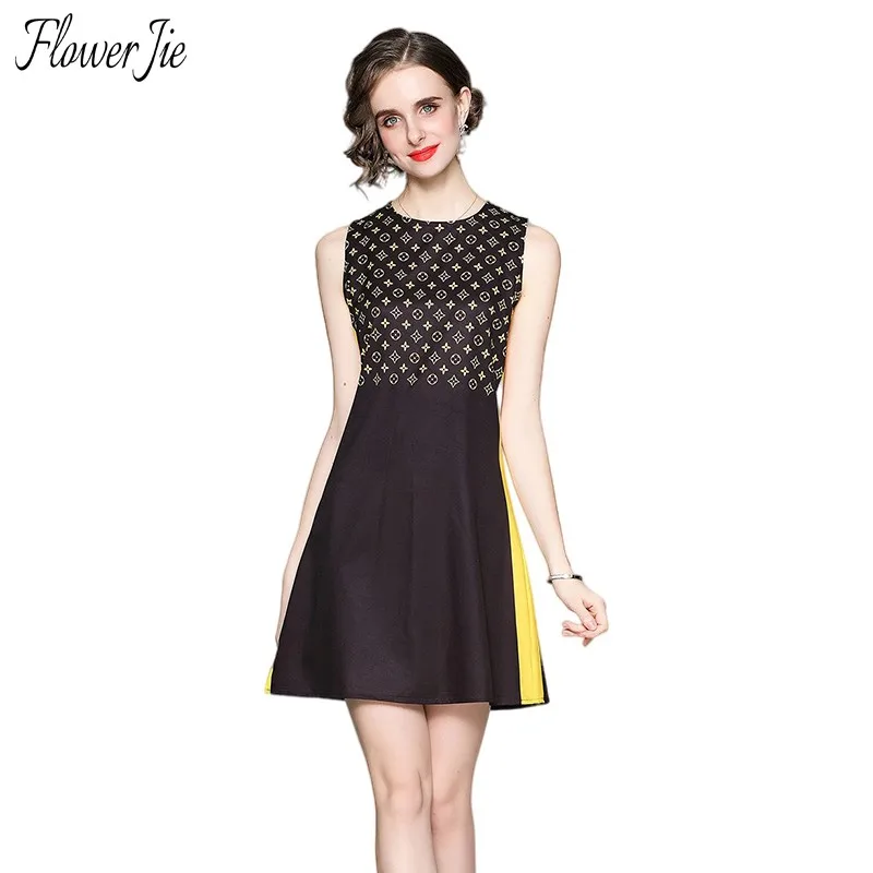 

Flower Jie Summer Vintage Dress Women Sleeveless Casual Elegant Vestidos Female O-Neck Slim Print Beach Black Dresses Mujer
