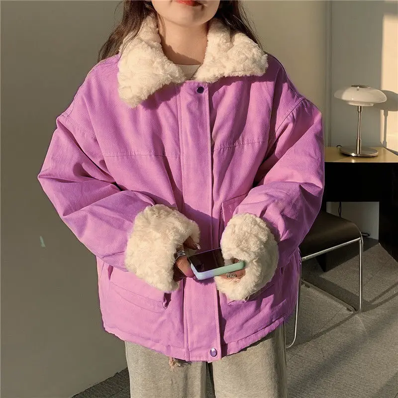 Deeptown Women Jackets Kawaii Harajuku Lambs Wool Oversize Coat Thicken Cropped Padded Cotton Jacket Winter Parka with Fur Sweet