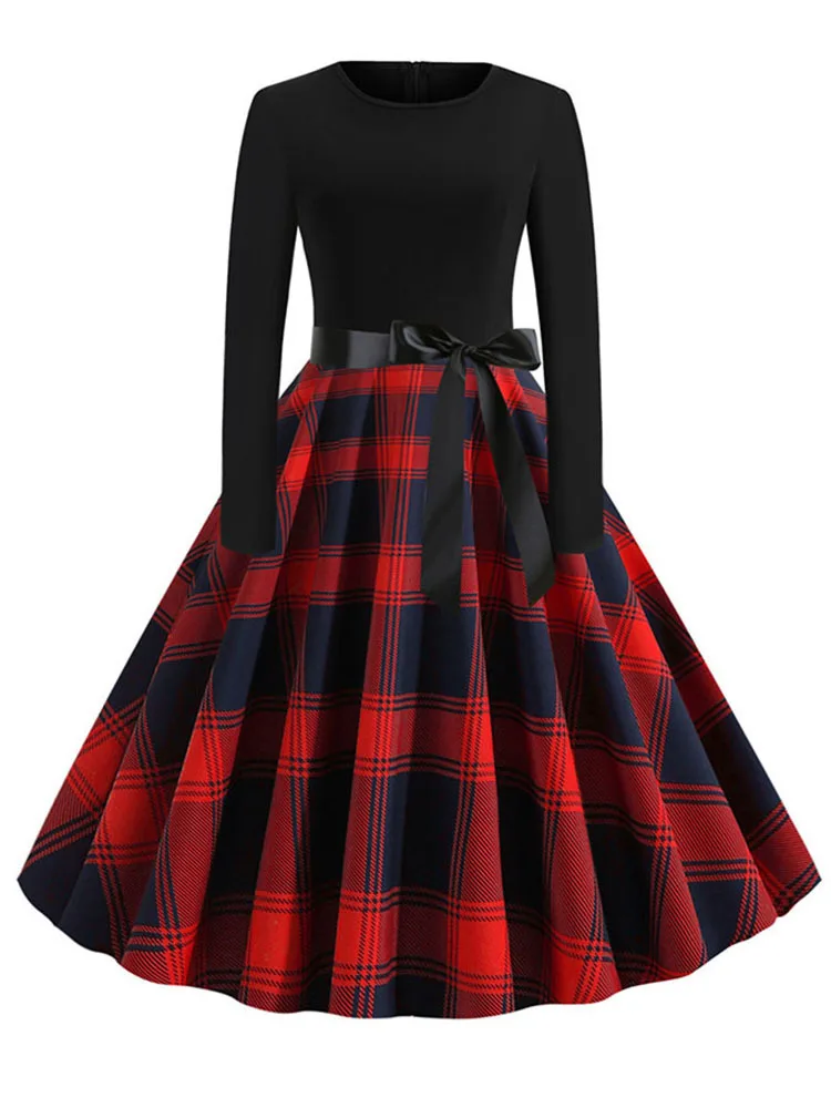 

New Autumn Winter Women Plaid Print Dress Elegant Casual Vintgae Dress Robe Femme Black Patchwork A-line Party Vestidos